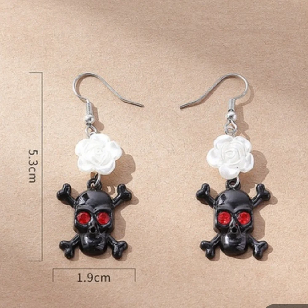 Skull & Crossbone Dangle Drop Earrings With Red Gems/Rinestones For Eyes - Picture 2 of 7